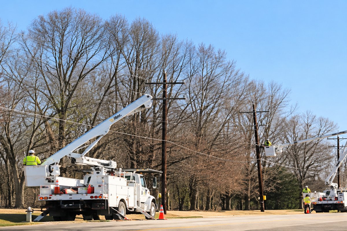 BEA bucket trucks and linemen working on utility poles among bare trees