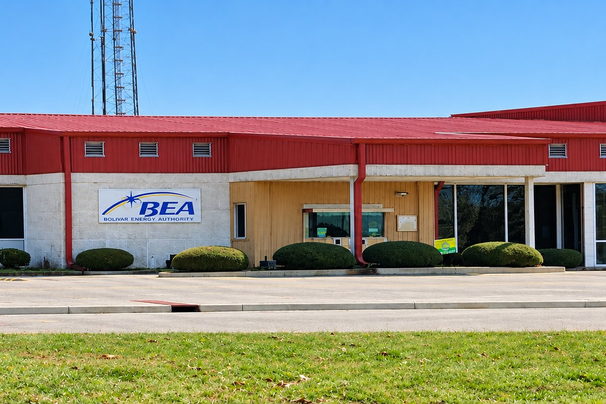 Bolivar Energy Authority office building with red roof and BEA sign