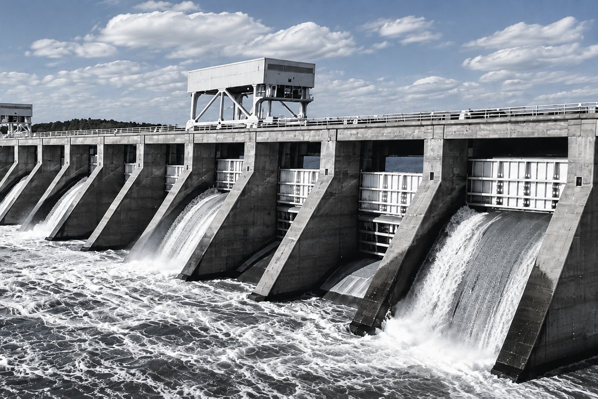 Black and white photo of Pickwick Dam with water flowing through the spillway